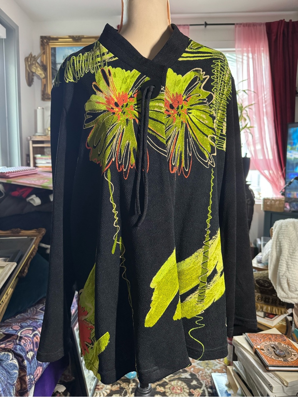 Black Crewneck Sweater with Lime Floral Detail - Women's Pullover